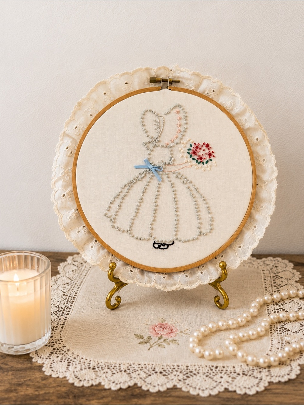 Hand-Embroidered Lace Hoop Art in Cream with Blue and Red Accents